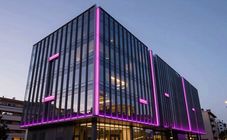 Cinematic wide-angle photography of a contemporary office building facade in an Iberian city during twilight. The architecture features sleek lines and glass panels with soft fuchsia and deep purple neon illumination tracing the structure. High-end real estate and property management vibe.