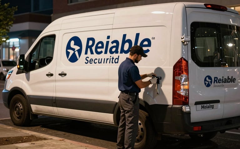 Nighttime photography in a North American / US city. A well-lit locksmith service van with professional branding is parked as the technician prepares tools to assist with an emergency lockout. Reliable and secure vibe.