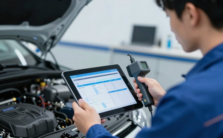 A mechanic using a modern digital tablet scanner to diagnose a car's computer system. The car is high-end, and the focus is on the screen showing technical data. The background is a clean, professional workshop. Lighting is modern and tech-focused with blue hues (#4A6577) and crisp white accents (#F0F4F7). Professionalism and reliability are the core themes.