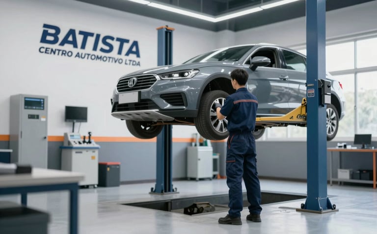 A clean, modern automotive repair bay at BATISTA CENTRO AUTOMOTIVO LTDA. A professional mechanic in a dark blue uniform is performing a routine check on a car lifted on a hydraulic jack. The environment is bright and organized with high-tech equipment. Lighting is crisp and natural. Brand colors #222E3C and #F0F4F7 are subtly present in the workshop floors and walls.