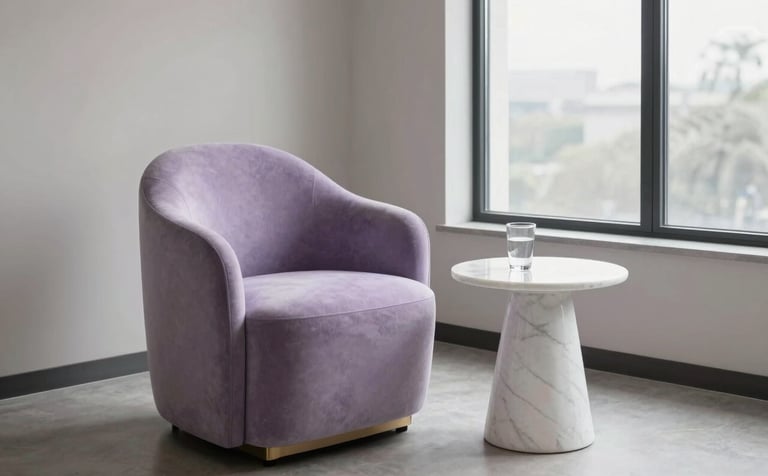A minimalist and high-end therapeutic office in a North American setting. The room features a plush soft lavender chair, a clean white marble side table with a glass of water, and large windows letting in soft natural light. The aesthetic is clinical yet warm and professional.