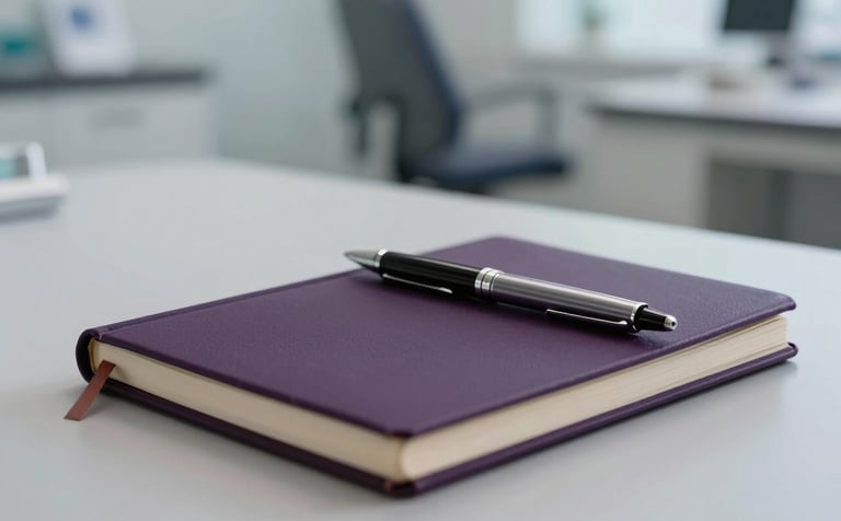 A close-up photograph of an organized, minimalist workspace in a US clinical setting. A beautiful deep purple notebook and a high-end pen rest on a soft light gray surface. In the background, a soft-focus view of a modern medical consultation room.
