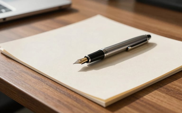 Close-up of a professional desk in a modern Brazilian office. A fountain pen rests on a thick cream-colored paper report. Soft natural sunlight illuminates the wood grain, suggesting strategic planning and depth of knowledge. Elegant, institutional style.