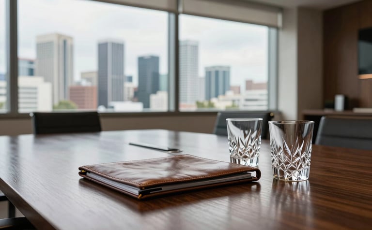 An interior shot of a sophisticated South American boardroom. Through the window, a clean Brazilian skyline is visible. On the dark wood table sits a leather-bound folder and two crystal glasses, reflecting a high-level B2B business atmosphere. Soft, premium indoor lighting.