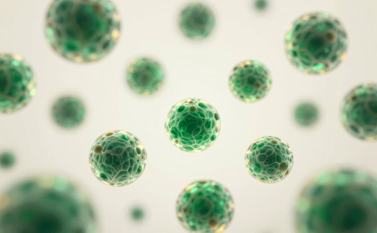 An abstract, elegant visual representing cellular health: soft, glowing spheres resembling cells moving in a rhythmic, balanced pattern. The colors are deep emerald green and subtle gold, with a soft-focus background in warm white.