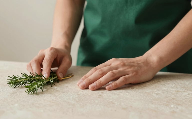A close-up shot of a pair of hands resting on a smooth, natural stone table next to a sprig of fresh herbs. The setting is clean, minimal, and professional. Palette includes deep emerald green, warm beige, and subtle gold light.