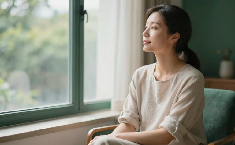 A calm, relatable woman in her late 30s sitting in a sunlit room, looking out the window with a peaceful expression. The lighting is soft and natural. The room features deep emerald green accents and soft beige textiles, creating a modern and minimal atmosphere.