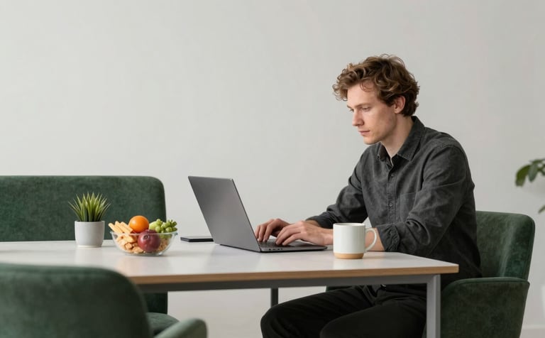 A photography shot of a modern Northern European / Scandinavian office. A digital marketer is working on a laptop surrounded by fresh organic snacks and a ceramic mug. The setting is clean and minimalist with crisp parchment walls and matte forest green furniture accents.