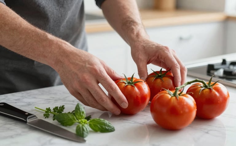 A close-up photograph of a content creator's hands arranging deep ripe crimson tomatoes and fresh green herbs on a marble counter in a bright Northern European / Scandinavian kitchen. The lighting is natural and crisp, highlighting the textures of the produce and professional culinary tools.