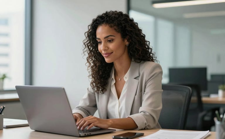 A professional South American Brazilian woman in a bright, modern office in São Paulo, looking confidently at a laptop screen with a slight smile. The scene is illuminated by natural soft daylight, featuring a clean aesthetic with light gray and muted blue accents in the background.