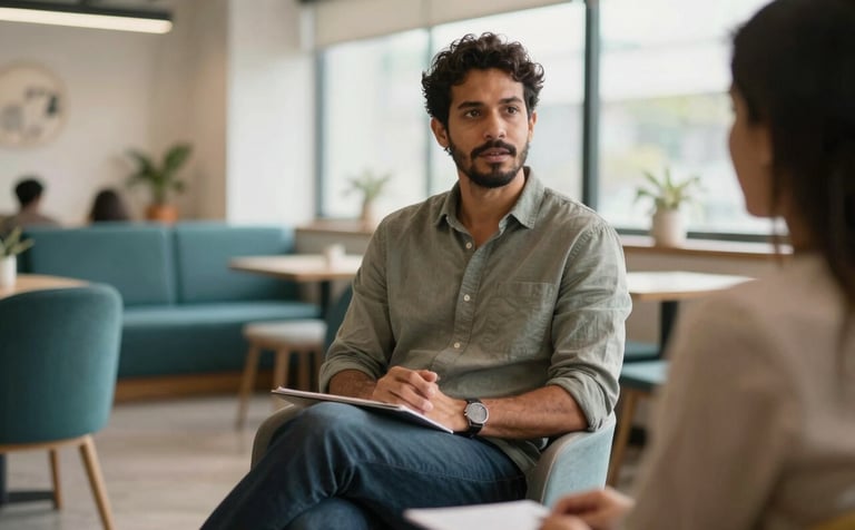 A South American Brazilian male professional sitting in a contemporary, sun-filled coworking space, engaged in a coaching session. Professional but relaxed attire, warm lighting, with teal and white furniture in a blurred background, conveying empowerment and clarity.