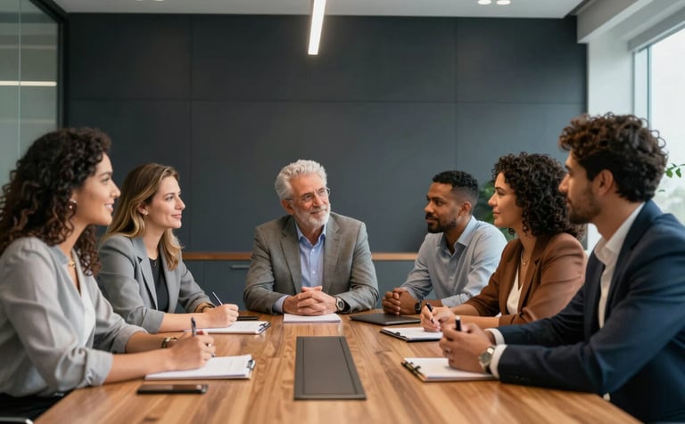 A diverse group of South American Brazilian professionals sitting around a sleek wooden table in a boardroom. They are looking at a presentation with expressions of optimism and focus. Modern architecture, dark navy and light gray tones, professional photography.