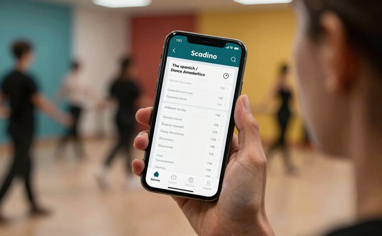 A close-up photograph of a smartphone held by a dance academy owner in a Spanish / Latin American studio, displaying an app screen with clean data visualizations and deep teal accents, vibrant studio background blurred with soft lighting, sense of control and professional growth.