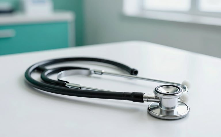 A high-quality, professional photograph of a stethoscope resting on a clean white table in a modern South African clinic. The background features soft Sea Green and Forest Green accents with bright, natural lighting, conveying a sterile but welcoming medical environment.