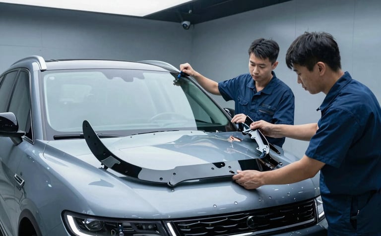 Two certified technicians in clean uniforms precisely installing a large OEM windshield on a luxury SUV, modern high-tech garage in North America, cool steel blue tones and soft white lighting.