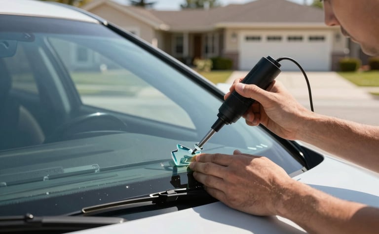 A professional technician's hands applying a precision resin tool to a minor glass chip on a car windshield, bright morning light in a North American suburban driveway, clean and modern atmosphere.