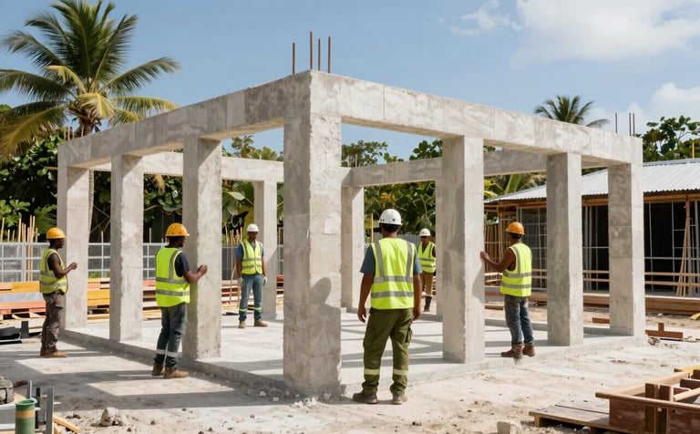 A professional construction site in a Caribbean / Jamaican setting. Workers in high-visibility vests are collaborating around a new structural frame. The scene is bright with tropical sunlight, featuring pale limestone cream concrete and vibrant olive green safety equipment. Wide angle shot, realistic photography.