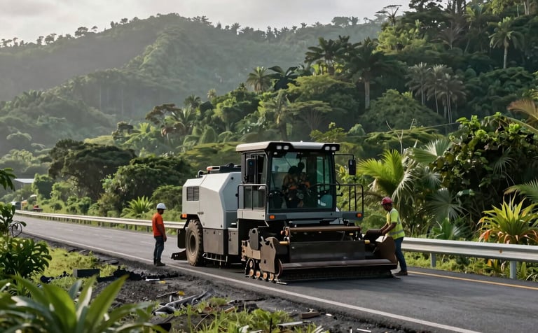 A heavy-duty paving machine and road crew working on a modern highway project in a lush, mountainous Caribbean / Jamaican landscape. The deep forest green of the hills contrasts with the professional grey of the road. Morning light, cinematic photography.