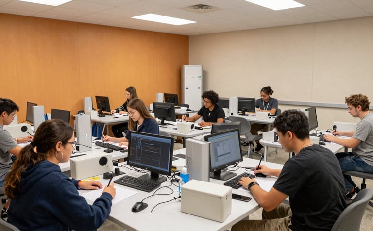 Photography of a bright vocational training workshop in a North American community center. The scene shows individuals learning life skills with modern equipment in an empowering, professional atmosphere with saffron and beige interiors.
