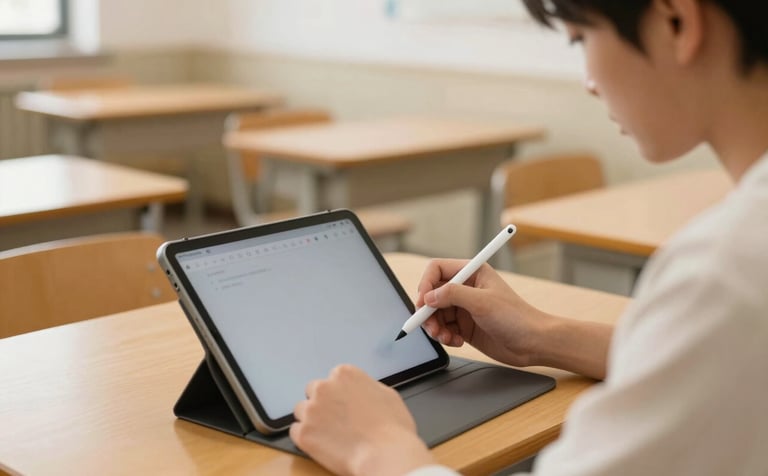 Photography of a focused student using a specialized tablet with a stylus in a sunlit, modern North American classroom. The composition is a close-up with a shallow depth of field, highlighting a warm beige and saffron yellow environment that feels inviting and calm.