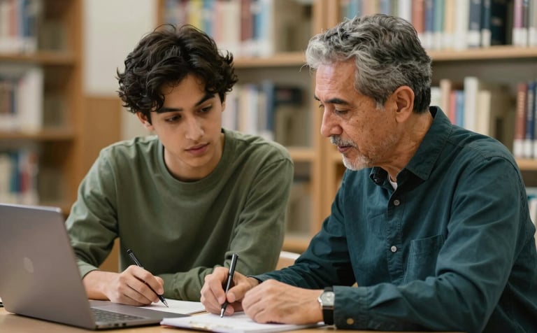 Photography of a mentor and student working together in a professional North American library. The lighting is soft and compassionate, with persian green and deep teal accents in the blurred background, emphasizing a supportive educational relationship.
