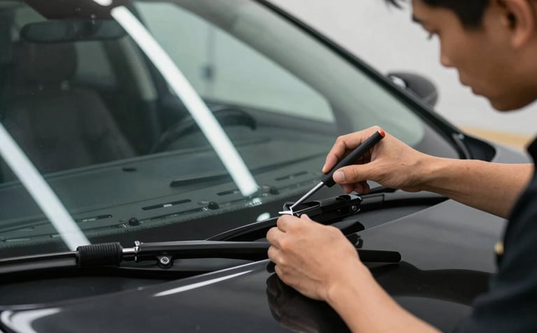 Close-up of expert technician hands meticulously installing a brand new, clear windshield into a modern black SUV, showcasing professional craftsmanship and clean workshop tools, North American / US setting.