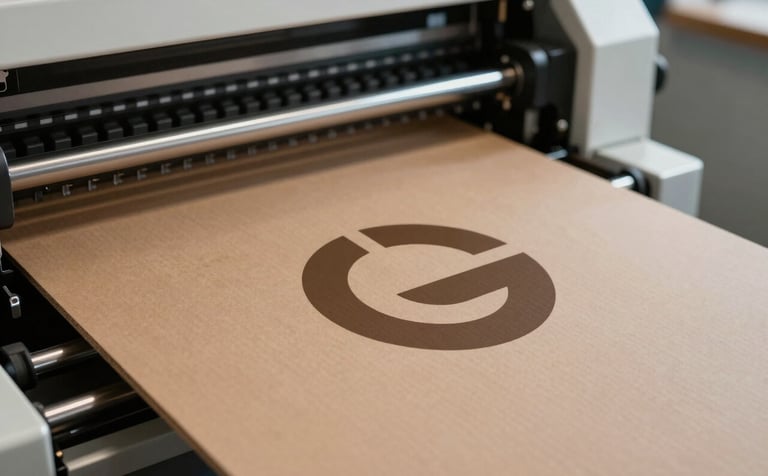 Close-up of an industrial printing press machine precisely applying a minimalist logo onto a flat cardboard sheet. The machine is sleek metallic black and white. Soft industrial lighting. Palette: #2C2C2B, #6B4D3C, #A08D7D.