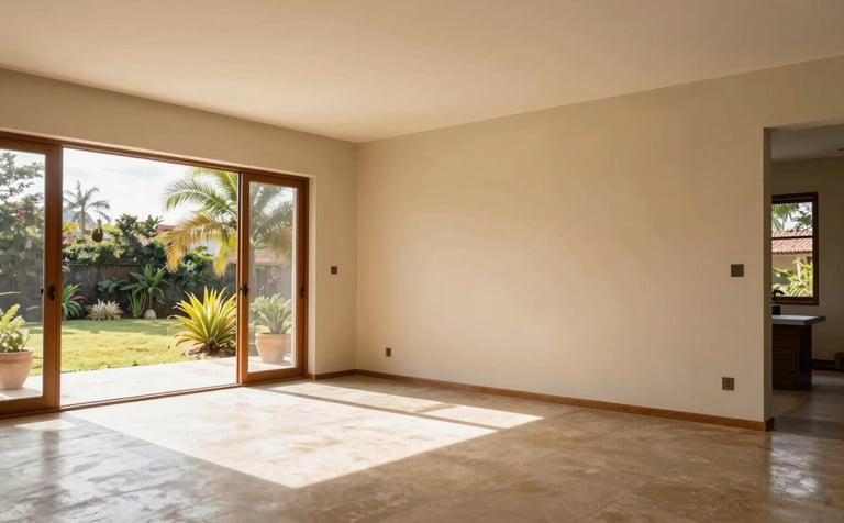 A spacious and airy living room in a modern South American home with freshly painted soft sand walls. Natural sunlight streams through large windows, highlighting the smooth texture of the paint. Professional composition, warm and inviting atmosphere.