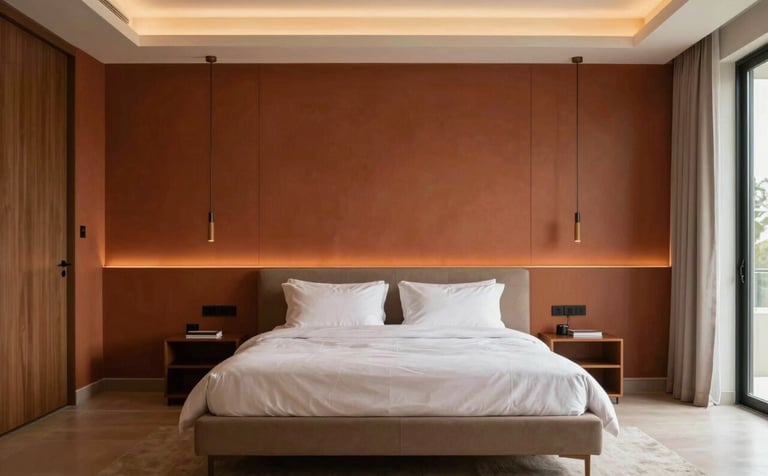 A luxurious master suite in a Brazilian residence featuring a terracotta-colored accent wall behind a large bed. The lighting is warm and cinematic, emphasizing the professional finish and elegant architectural details of the room.