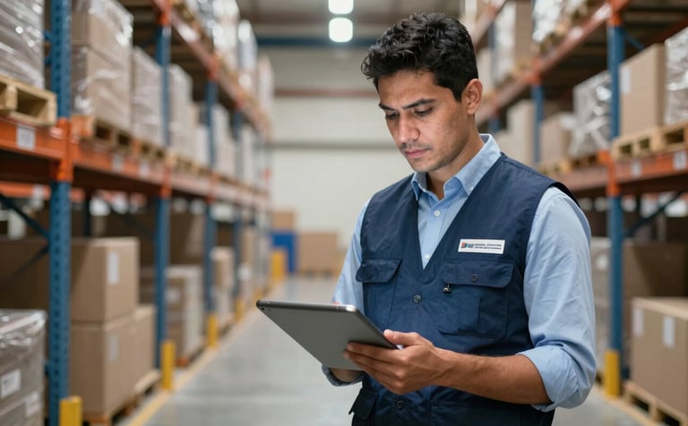 A professional logistics manager in a modern Latin American / Spanish logistics hub, wearing a corporate vest and holding a digital tablet. The background features organized warehouse racks and soft lighting. Palette includes Deep Navy Blue and Sky Blue accents.