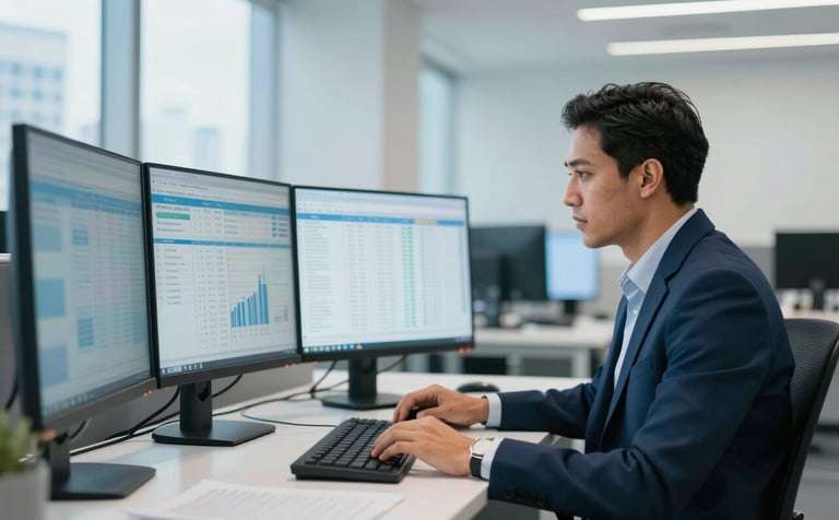 A clean, bright corporate office in Latin America / Spanish city where a financial expert is analyzing data on multiple monitors. The atmosphere is professional and modern. Palette features Corporate Blue and Soft Mist Blue.