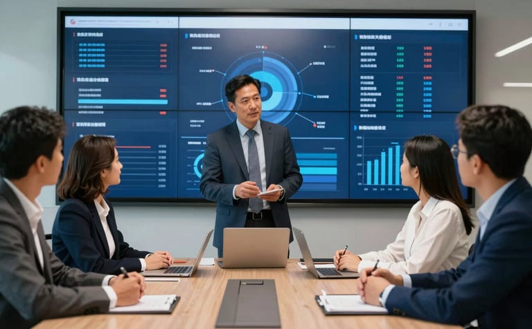 A group of professionals in a modern Latin American / Spanish business boardroom, interacting with a large digital dashboard showing integrated business data. Palette includes Deep Navy Blue and Sky Blue.