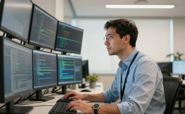 A professional cybersecurity consultant in a North American / US corporate setting, looking at a wall of monitors in a bright, modern room. The lighting is warm and welcoming, conveying a human approach to technology.