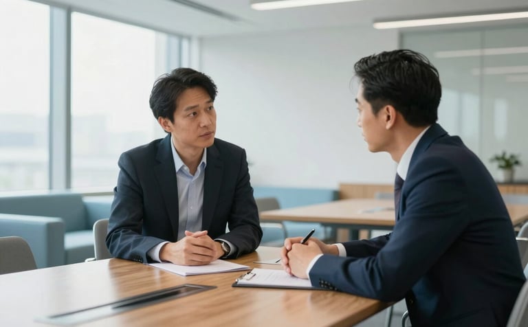 Two professionals in a bright, modern North American conference room, discussing strategy over a clean wooden table. The atmosphere is sophisticated and collaborative, with large windows and pale blue accents in the furniture.