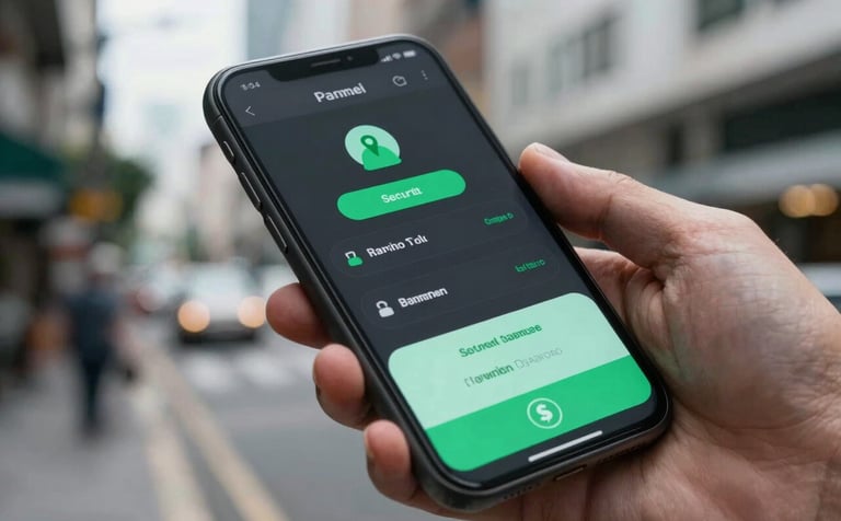 A close-up shot of a modern smartphone screen held by a professional in a Southeast Asian / Indonesian city environment. The screen displays a successful digital payment interface with Charcoal and Light Emerald Green tones, symbolizing a secure transaction.