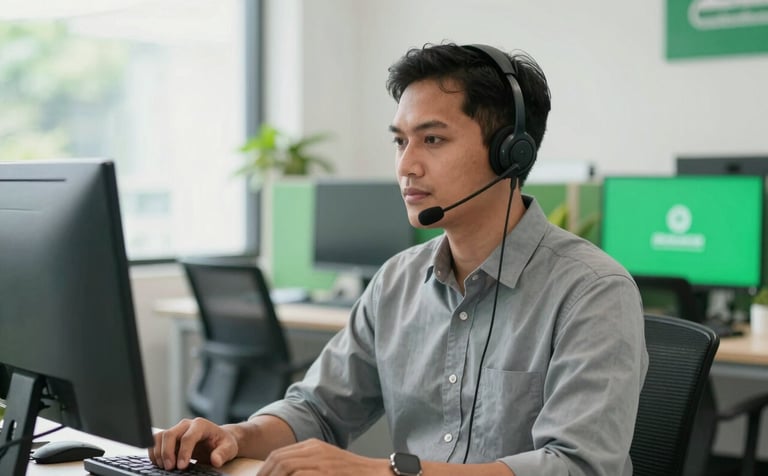 A professional Southeast Asian / Indonesian customer support representative wearing a sleek headset, sitting in a bright, modern, clean-lined office. The scene is illuminated by natural daylight and features soft Emerald Green accents from the brand palette on office decor.