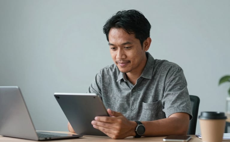 A focused photograph of a Southeast Asian / Indonesian merchant in a contemporary workspace, checking a digital tablet with a confident expression. The lighting is efficient and professional, with a clean Pale Blue-Grey background.