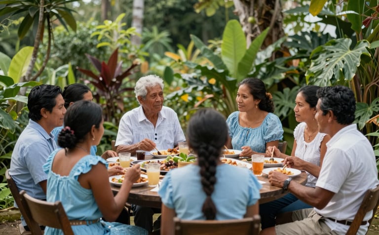 Photography of a community group sharing a meal and conversation in a lush Central American / Costa Rican garden, natural lighting, serene and uplifting vibe, wearing soft sky blue and ghost white attire.