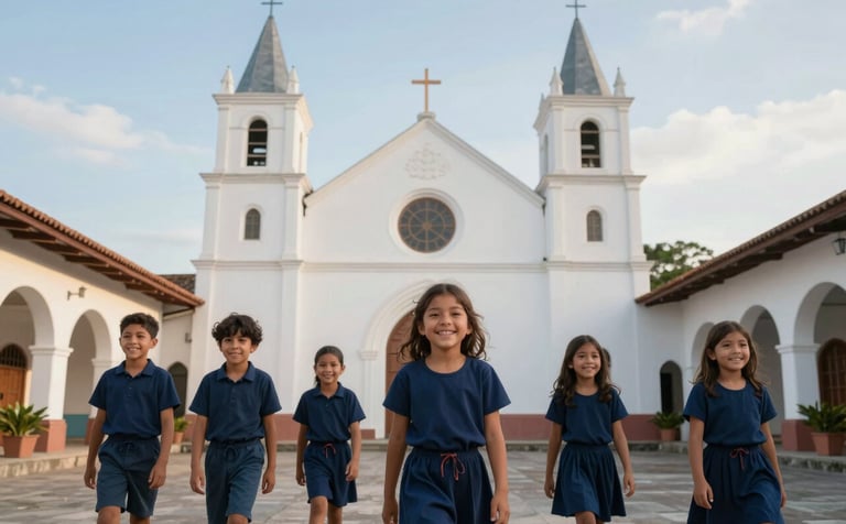 Photography of joyful children and teenagers in a bright Central American / Costa Rican church courtyard, soft natural morning light, featuring soft sky blue and deep navy blue clothing accents, contemporary and serene atmosphere.