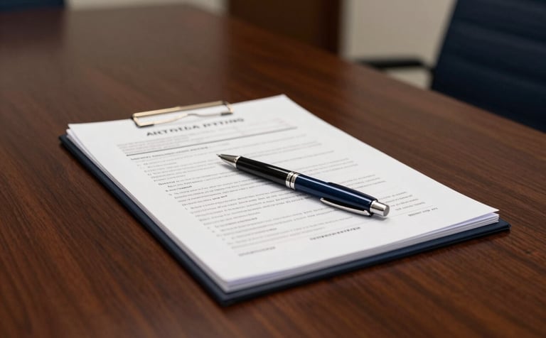 A close-up of high-quality financial documentation and a pen on a mahogany desk in a North American / US corporate boardroom. The scene is elegantly lit with soft professional lighting, using dark navy and off-white tones to convey trust and compliance.