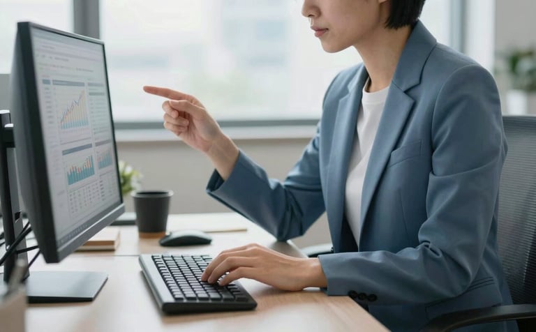 A focused professional in a modern North American / US office setting, analyzing financial data on a clean, dual-monitor setup. The lighting is bright and natural. The professional is wearing a tailored slate blue blazer. The atmosphere is quiet, corporate, and highly professional.