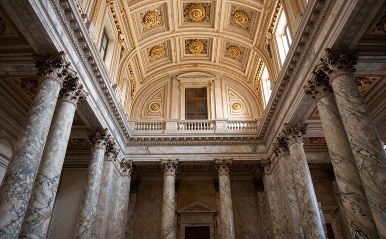 Architectural photography of a historic Southern European courthouse interior. Focus on marble columns and an ornate ceiling with ivory and gold details. The perspective is looking up, conveying authority and majesty.