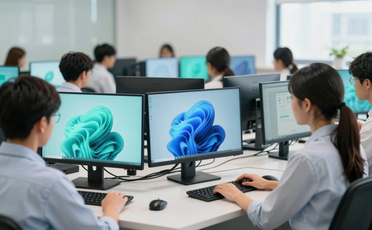 A professional IT classroom in Talcher with students focused on modern computer monitors showing Windows 11 interfaces. The room is bright and modern, emphasizing an empowering learning environment. The color palette includes professional tones of #1B4965 and #A7D9D9.