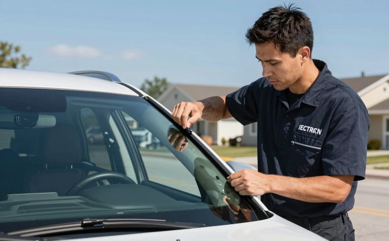 A professional glass technician in a branded uniform carefully installing a new windshield onto a modern SUV. Precise, expert movements. Clean North American suburban environment. Bright blue sky and sharp, clean lighting.