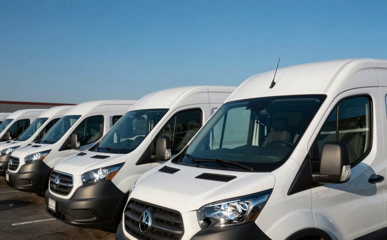 A fleet of clean white commercial delivery vans parked in a professional North American business park. The morning sun glints off the windshields, highlighting their perfect condition. Background of a clear deep blue sky.
