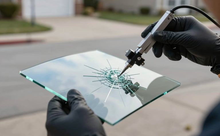 Close-up photography of a professional technician using a high-precision glass repair bridge on a star-shaped windshield crack. The setting is a clean North American driveway in soft morning light. The glass is crystal clear, reflecting a light blue sky.