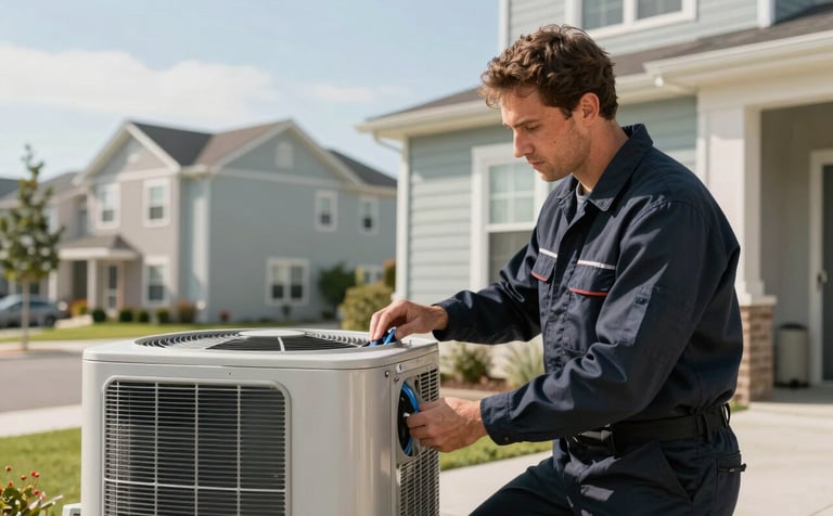 A professional HVAC technician wearing a dark navy uniform inspecting an outdoor air conditioning unit at a modern home in a North American / US residential neighborhood. The scene is bright with professional lighting, featuring a clear soft sky blue sky in the background.