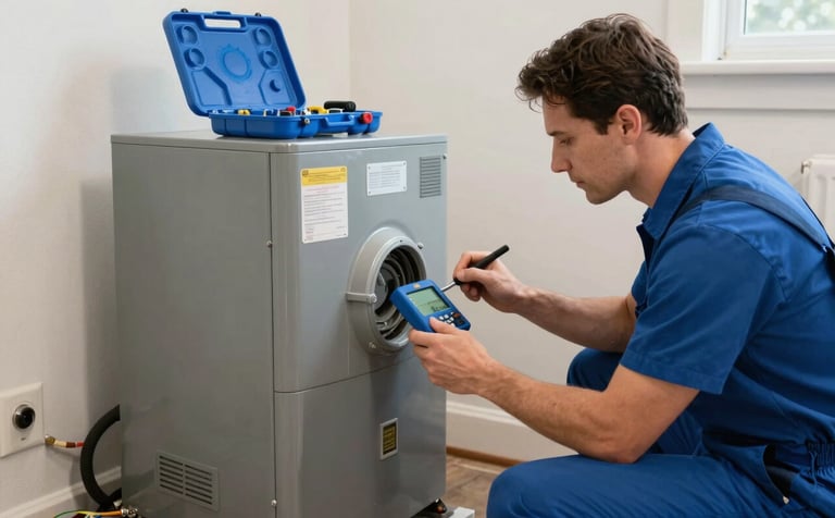 A professional HVAC specialist performing diagnostics on a furnace in the basement of a North American / US home. The workspace is clean and organized, with crisp off-white walls and modern blue tools, showcasing reliable expertise.