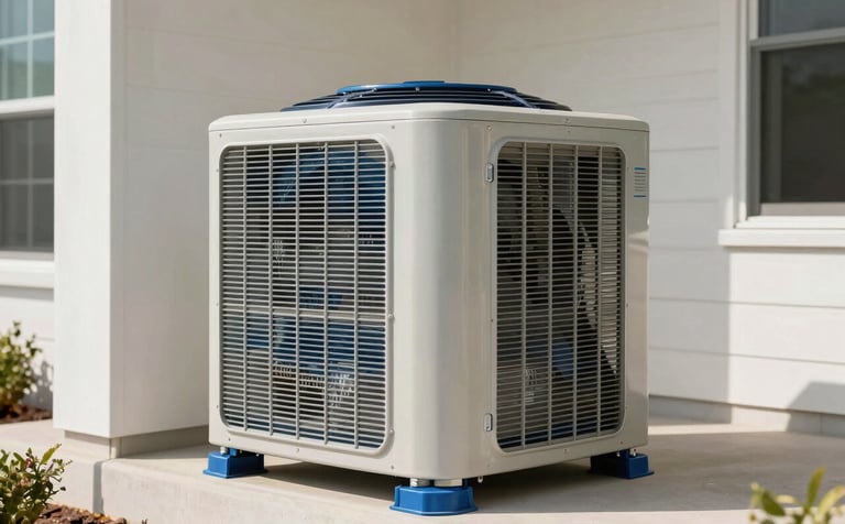 A detailed shot of a brand new, high-efficiency HVAC unit being installed in a modern North American / US house. The aesthetic is professional and clean, highlighting professional blue hardware against crisp off-white surroundings.