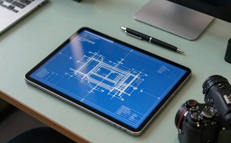 A high-angle photo of a modern architectural workstation. On a parchment green desk sits a large tablet displaying a detailed structural blueprint in royal blue lines. Next to it, a sleek black pen and a professional camera. The lighting is clean and natural, reflecting a modern engineering office.